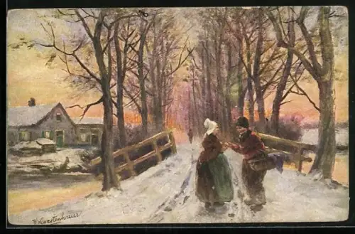 Künstler-AK Johan Georg Gerstenhauer: Treffen auf verschneiter Brücke