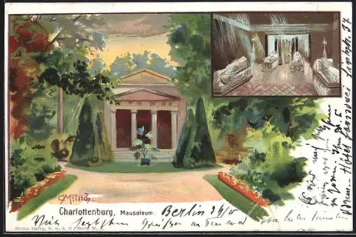 Lithographie Berlin-Charlottenburg, Mausoleum, mit Innenansicht