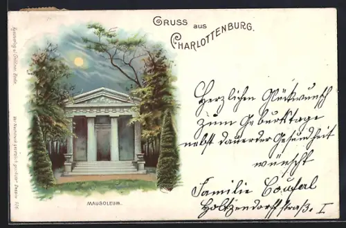 Lithographie Berlin-Charlottenburg, Mausoleum bei Vollmond