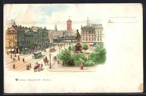 Lithographie Berlin, Alexanderplatz, Berolina, Strassenbahn, Rotes Rathaus