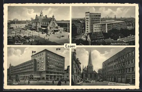 AK Essen, Bahnhof, Deutschlandhaus, Post mit flaggen, An der Münsterkirche
