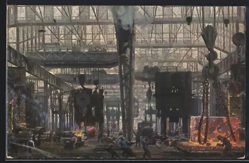 Künstler-AK Essen, Gussstahlfabrik, Innenansicht der Produktionshalle