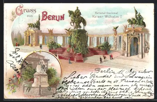Lithographie Berlin, National-Denkmal Kaiser Wilhelm I, Denkmal Kaiserin Augusta