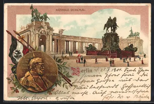 Lithographie Berlin, Nationaldenkmal, Reiterstandbild, Medaille Wilhelm I.