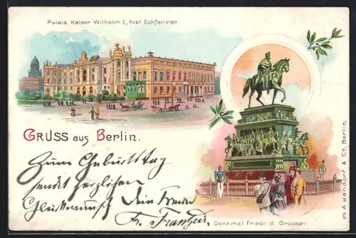 Lithographie Berlin, Palais Kaiser Wilhelm I., Denkmal Friedrich d. Grossen