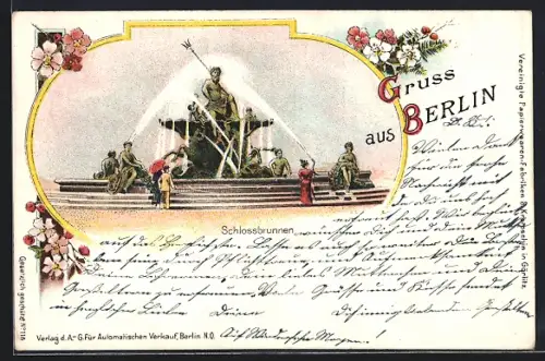 Lithographie Berlin, Schlossbrunnen, Ornament-Rahmen