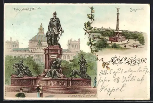 Lithographie Berlin-Tiergarten, Reichstagsgebäude, Bismarck-Denkmal, Siegessäule