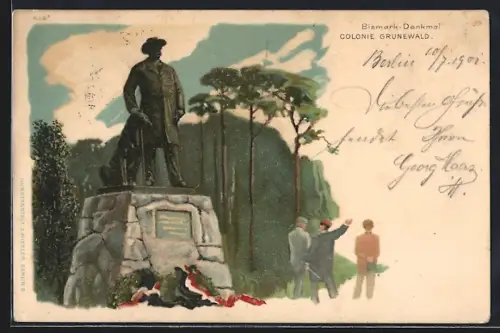 Lithographie Berlin-Grunewald, Colonie Grunewald, Bismarck-Denkmal