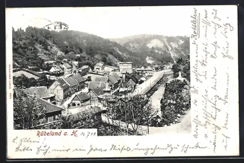 AK Rübeland a. H., Ortsansicht mit Bahnlinie und umliegenden Bergen