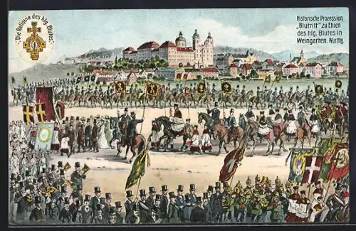 Künstler-AK Weingarten /Württbg., Blutritt-Prozession, Basilika, historische Ansicht