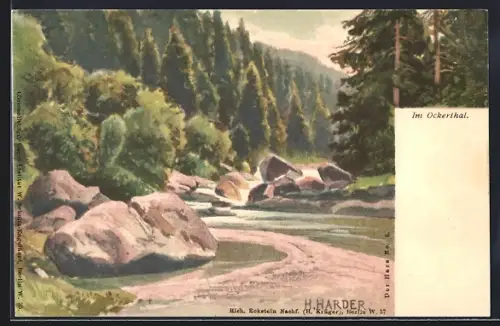 Lithographie Okerthal, Felsen, Bachlauf, Wald