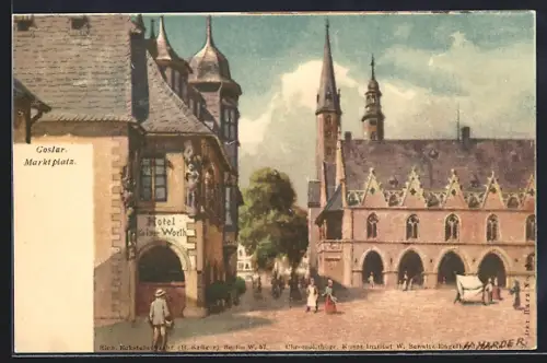 Lithographie Goslar, Marktplatz, Hotel Kaiser-Worth, Rathaus