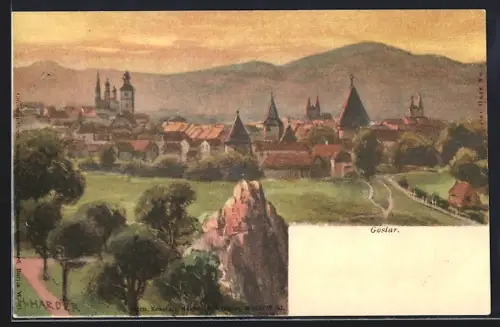 Lithographie Goslar, Stadtansicht mit Kirchen und Felsen