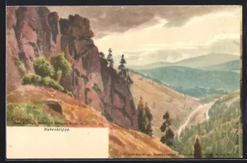 Lithographie Rabenklippe /Harz, Ortsansicht mit Umgebung