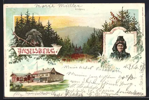 Lithographie Inselsberg, Bergpanorama, Gasthaus Inselsberg, Marie Müller