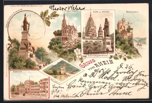 Lithographie Mainz, Niederwalddenkmal, Rochus-Kapelle, Dom zu Mainz, Burg Rheinstein, Schloss Biebrich