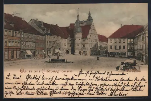 AK Hildburghausen, Marktplatz mit Rathaus und Brunnen