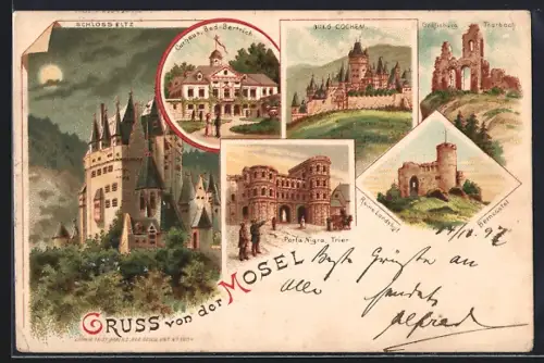 Lithographie Cochem, Mosel-Impressionen: Schloss Eltz, Kurhaus Bad Bertrich, Grevenburg, Trarbach