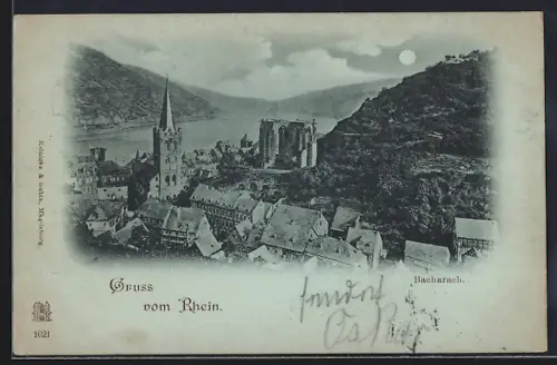 Mondschein-AK Bacharach, Stadtansicht mit Kirche und Burgruine