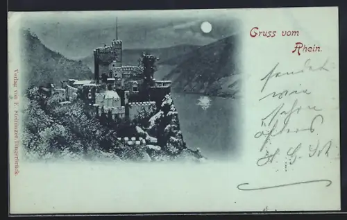 Mondschein-AK Trechtingshausen, Burg Rheinstein bei Vollmond
