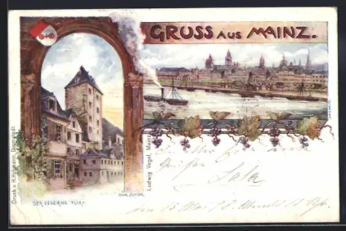 Lithographie Mainz, Der Eiserne Turm, Stadtansicht mit Rhein