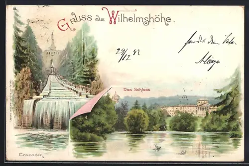 Lithographie Wilhelmshöhe, Schloss, Cascaden