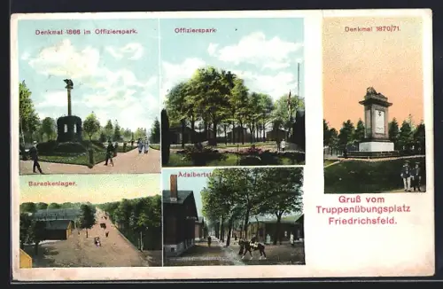 AK Friedrichsfeld, Truppenübungsplatz, Offizierspark, Denkmal 1866, Denkmal 1870/71, Barackenlager, Adalbertstrasse