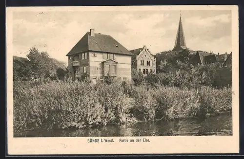 AK Bünde i. Westf., Partie an der Else mit Ortspanorama