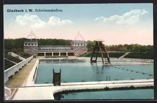 AK Gladbeck i. W., Schwimmstadion m. Gebäude u. Sprungturm