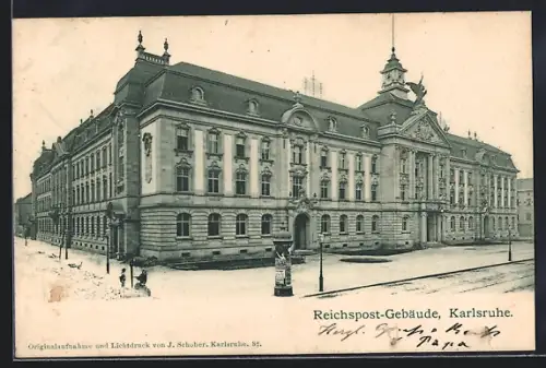 AK Karlsruhe, Reichspost-Gebäude, Litfasssäule