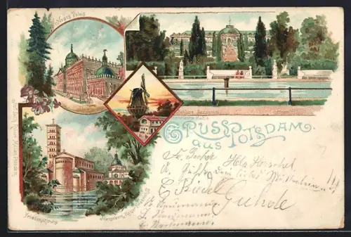 Lithographie Potsdam, Schloss Sanssuci, Historische Mühle, Friedenskirche