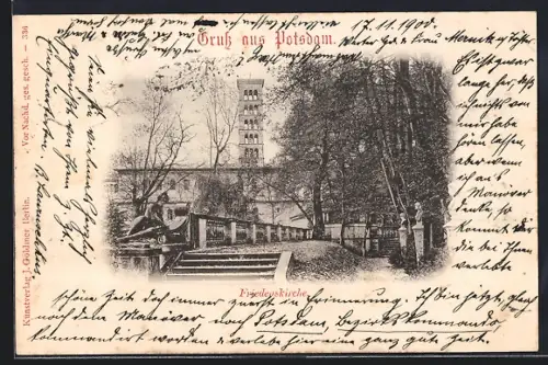 AK Potsdam, Friedenskirche mit Bäumen