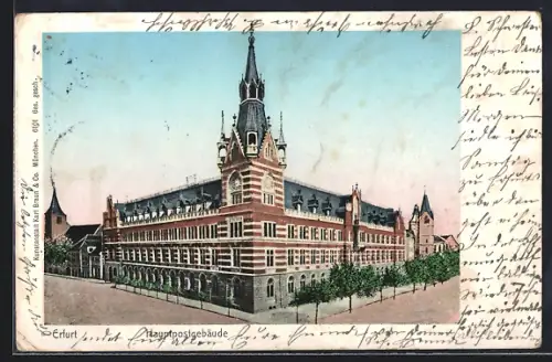 AK Erfurt, Hauptpostgebäude mit Strassenpartie