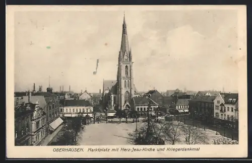 AK Oberhausen / Rhld., Marktplatz mit Herz Jesu-Kirche und Kriegerdenkmal