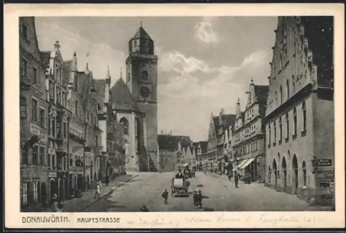 AK Donauwörth, Hauptstrasse mit Geschäften und Kirche