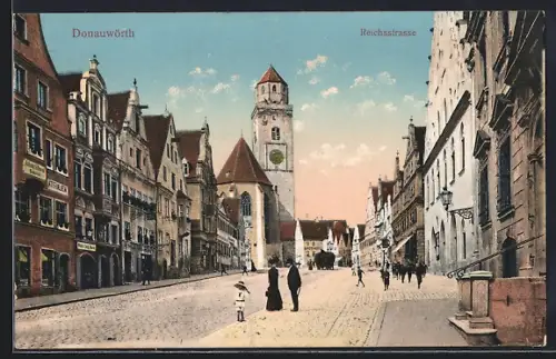 AK Donauwörth, Passanten und Geschäfte auf der Reichsstrasse