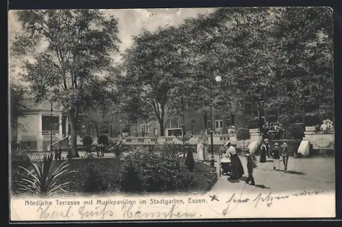 AK Essen, Nördliche Terrasse mit Musikpavillon im Stadtgarten