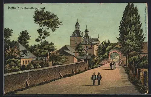 Künstler-AK Kettwig, Schloss Hugenpoet mit Strassenpartie