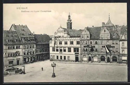 AK Weimar / Thür., Stadthaus und Lucas Cranachhaus mit Geschäften