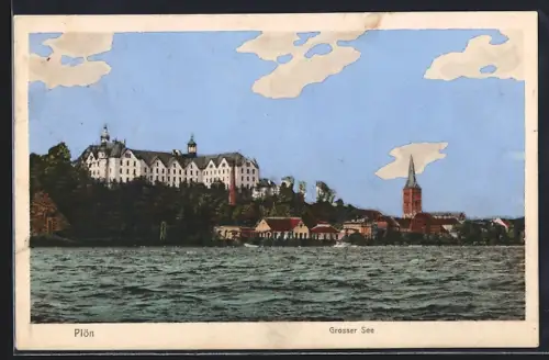 AK Plön, Grosser See mit Schloss