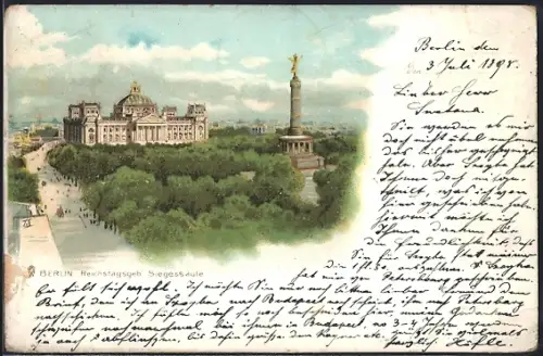 Lithographie Berlin-Tiergarten, Blick zum Reichstagsgebäude, Siegessäule
