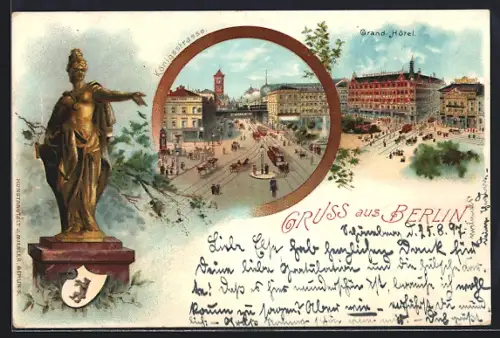 Lithographie Berlin, Königsstrasse, Berolina-Standbild mit Wappen, Grand Hotel