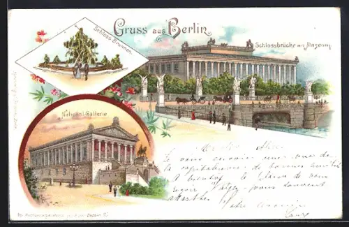 Lithographie Berlin, Schlossbrücke mit Museum, Nationalgalerie