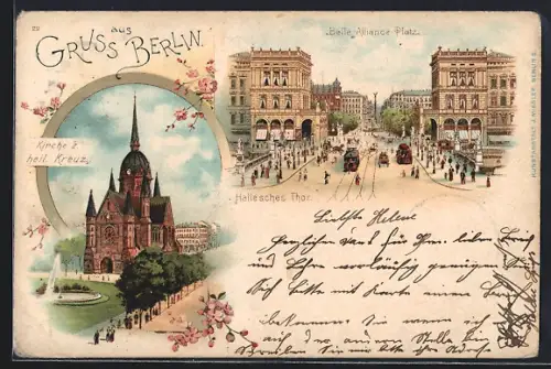 Lithographie Berlin-Kreuzberg, Hallesches Thor mit Strassenbahnen, Kirche z. heil. Kreuz
