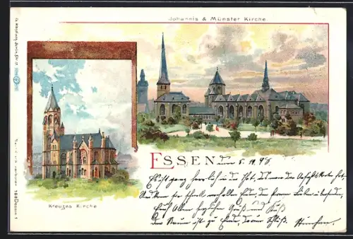 Lithographie Essen, Kreuzes Kirche und Johannis & Münster Kirche