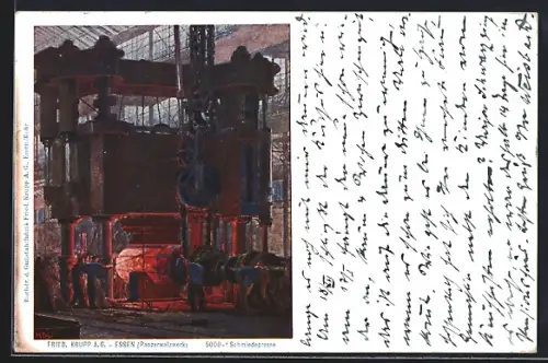Künstler-AK Essen, Friedrich Krupp AG, Panzerwalzwerk, Arbeiter an der Schmiedepresse