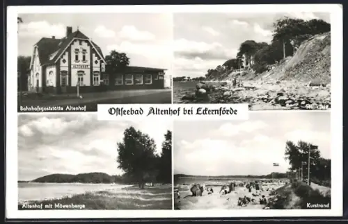 AK Altenhof bei Eckernförde, Bahnhofgaststätte Altenhof, Kurstrand, Steilküste