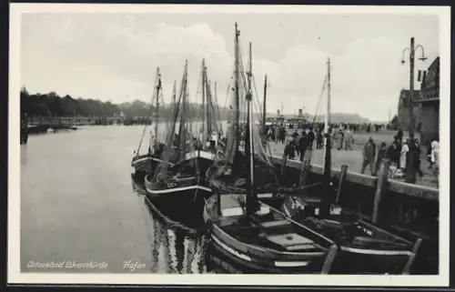 AK Eckernförde / Ostseebad, Hafenpartie mit Booten und Promenade