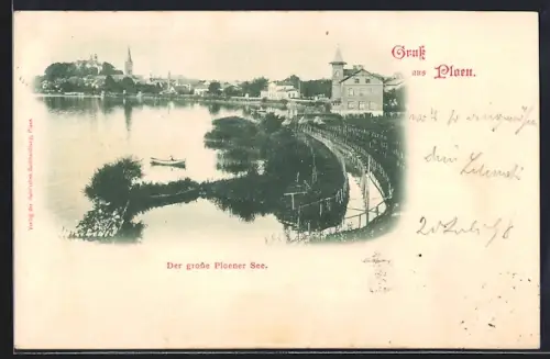 AK Plön /Grosser Plöner See, Panorama mit Boot
