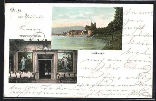 AK Säckingen, Restaurant Margarethenlaube, Uferpartie mit Kirche